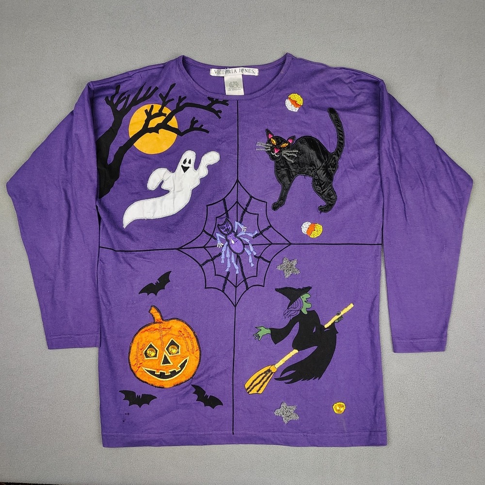 Vintage Victoria Jones Halloween Shirt Women‎ Medium Purple Beaded Embroidered